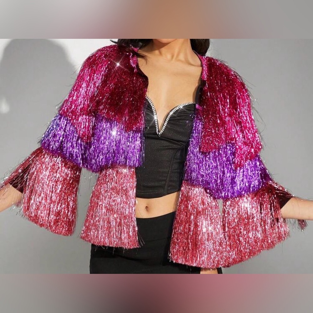 SHEIN Metallic Fringe Layered Shrug in Red and Purple